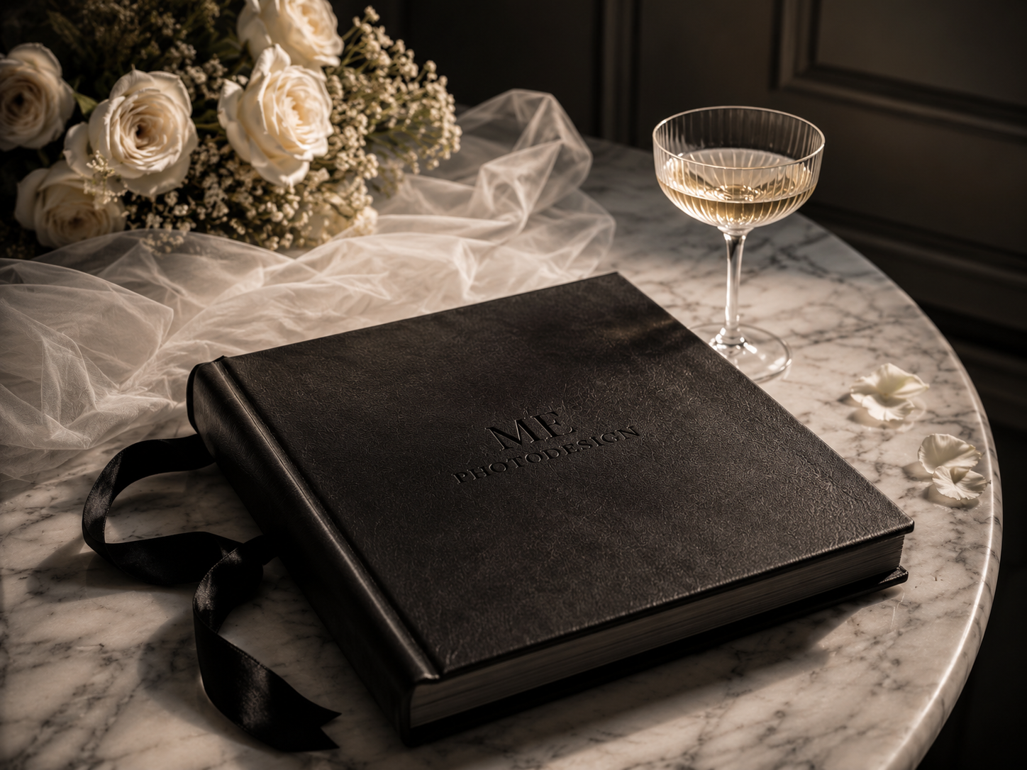 Luxe zwart leren bruidsboudoir album op een marmeren tafel