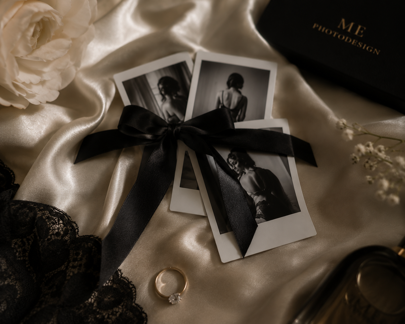 Exclusieve bruidsboudoir polaroids met zwart lint